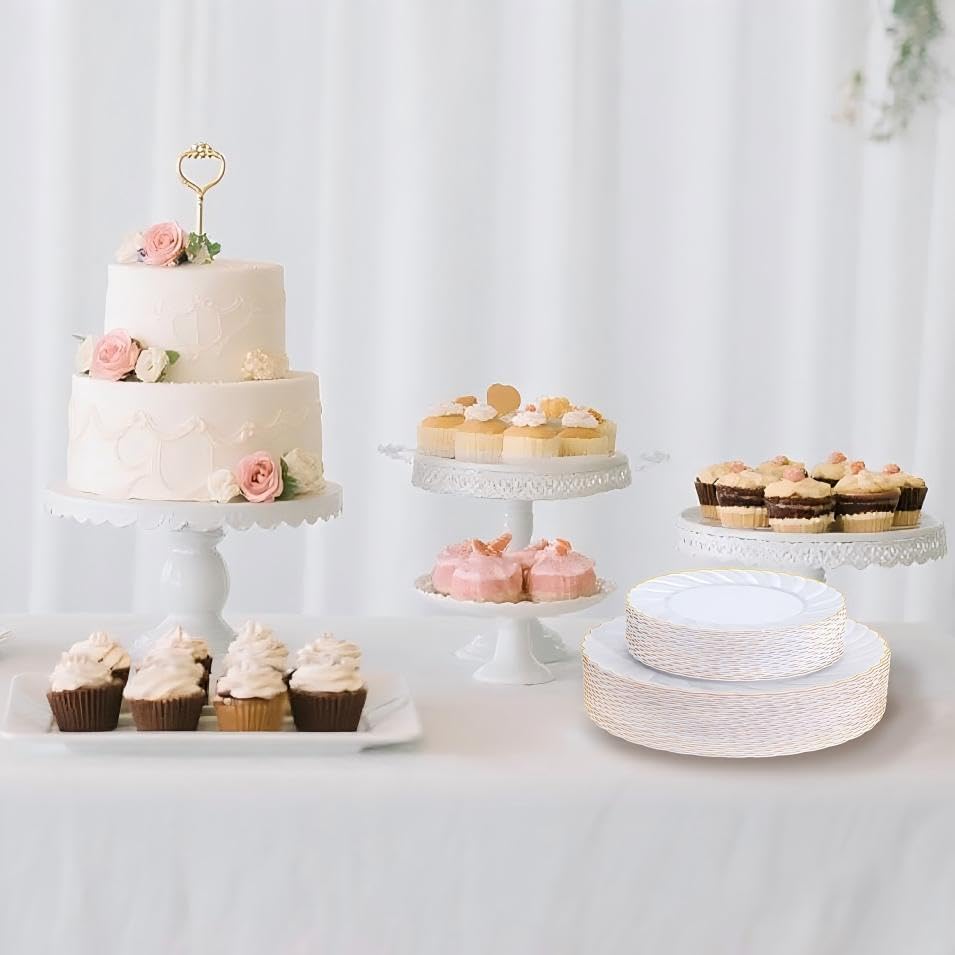 U-QE 60 Pcs White Plastic Plates with Gold Trim – Scalloped Plastic Plates Heavy Duty - Include 30 10.25" Dinner & 30 7.25" Dessert Plate – Perfect for Weddings, Bridal Showers and Party