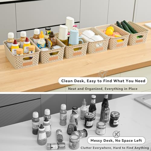 Homaigie 12 Pack Plastic Storage Baskets for Organizing, Storage Baskets for Shelves with Handles, Small Storage Bins with Labels, Classroom Storage Organization for Cabinet,Closet, Office,Natural - Image 7