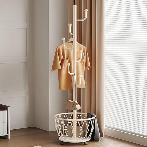 Off-White Moveable Cactus Metal Coat Rack with Basket Freestanding - Image 6