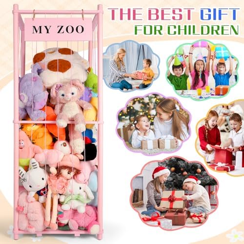 GLDZI Stuffed Animal Storage Zoo, Wooden Stuffed Animal Organizer with Elastic Cords for Boys Girls, Space Saving Toy Plushies Storage Holder for Playroom, Bedroom, Living Room (Pink, Large) - Image 6