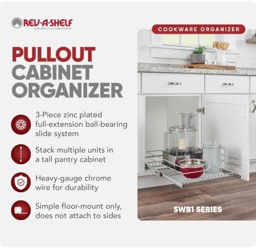 Rev-A-Shelf Steel Wire Pullout Drawer Organizer Shelf for Kitchen Cabinets, Slide Out Storage Basket, Min Opening Width of 20.5", 21" x 22", 5WB1-2122CR-1 - Image 6
