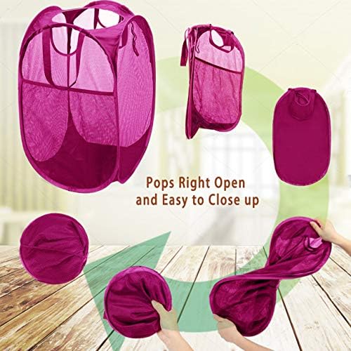 HOUSE AGAIN Strong Mesh Pop Up Laundry Hamper, 70L Collapsible Laundry Basket with Steel Frame, Double‑Stitched Handles & Side Pocket, Foldable Dirty Clothes Hamper for Dorm, Bedroom, Pink - Image 6