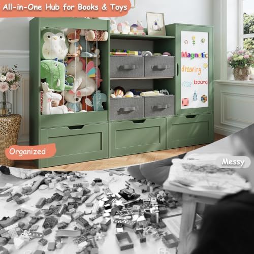 61" W Toy Storage Organizer, Wooden Kids Bookshelf, Drawing Board - Image 6