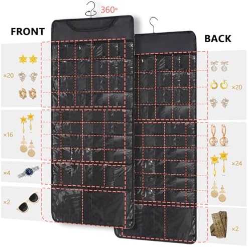 FOREGOER Hanging Jewelry Organizer 88 Zippered Pocket, 2-Sided,1 Pack Black - Image 6