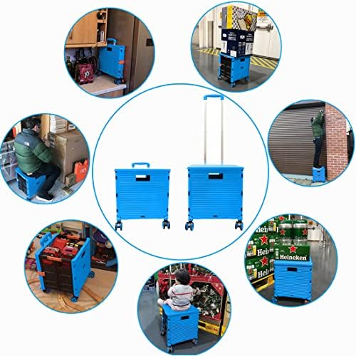 Foldable Utility Cart Folding Portable Rolling Crate Handcart Shopping Trolley Wheel Box with Lid Wear-Resistant Noiseless 360°Rotate Wheel for Travel Shopping Moving Storage Office Use (Sky Blue) - Image 7