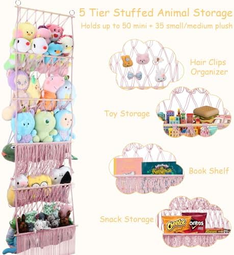 5 Tier Stuffed Animal Storage Shelf Net, 17x61'' Plushie Storage, Pink - Image 6