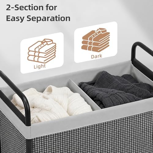STORAGE MANIAC Rolling Laundry Hamper with Wheels 2-Section Laundry Sorter Rolling Laundrys Basket on Wheels with Removable Bag Clothes Hamper Laundrys Organizer Cart Bathroom Bedroom 100L Grey - Image 6