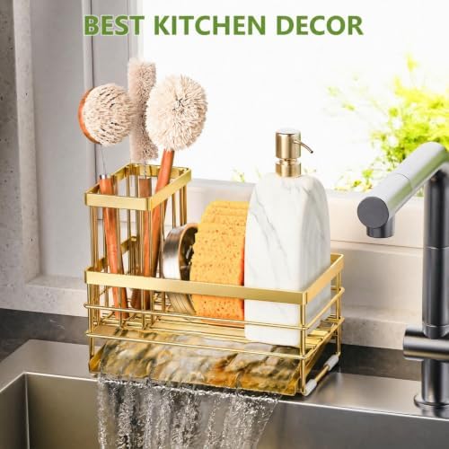 Cisily Gold Sink Caddy Sponge Holder for Kitchen with Brush Holder and Stainless Steel Self Drain Tray, Rustproof Kitchen Sink Organizer for Sponge, Soap Dispenser Storage Accessories - Image 7