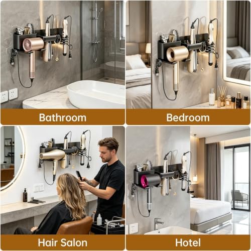 5 in 1 Hair Dryer Holder Hair Tool Organizer Metal Wall Mount (Black) - Image 7