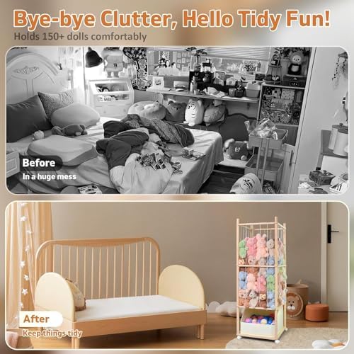 Stuffed Animal Storage with Tiny Toys Tray, Wood Stuffed Animal Zoo Storage with Brake Wheels, Space-Saving Plushie Playhouse for Nursery, Playroom, Kids Bedroom- Easy Assembly - Image 7