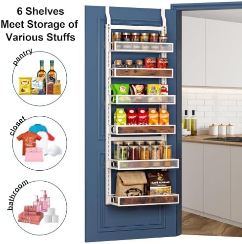 6 Tier Pantry Door Organizer Spice Rack, 2-IN-1 Wall Mount or Hanging Over Door Seasoning Organizer with Adjustable Baskets, Heavy Duty Behind Door Storage Shelves for Pantry, Cabinet and Kitchen - Image 6