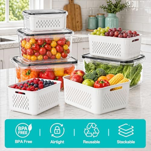 HOMETALL 5 Pack Fruit Storage Containers for Fridge Set, Fruit Washing Bowl with Strainer, Reusable Fridge Organizers and Storage for Berry Salad Lettuce, Size 4.5, 3.4, 1.8, 0.9, 0.4QT - Image 7