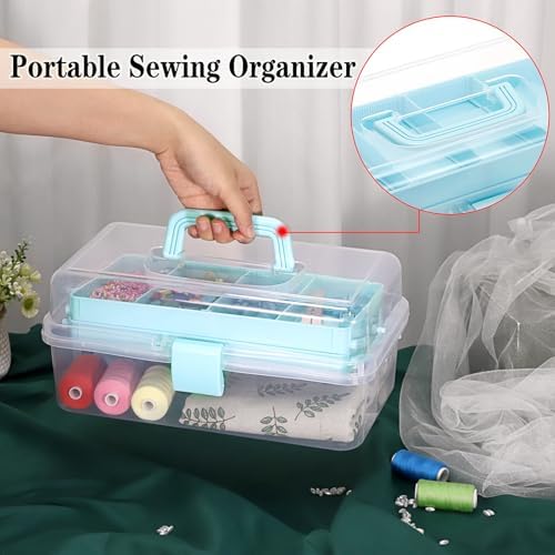 BTSKY 3-Layer Clear Plastic Dividing Storage Box Craft Organizer and Storage with Adjustable Spacers Portable Handled Art Supply Organizer Multipurpose Home Utility Box Sewing Organizers (Blue) - Image 6