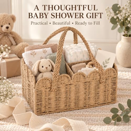 Large Baby Diaper Caddy, Brown Paper Rope Storage Basket with Handles, Portable Nursery Organizer with Removable Divider for Diapers, Wipes, Baby Essentials (Light Brown) - Image 6