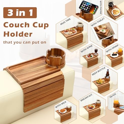 GHKINMAL Couch Cup Holder Tray,Sofa Arm Tray, Fits 6.3"+Wide,Acacia Wood - Image 6