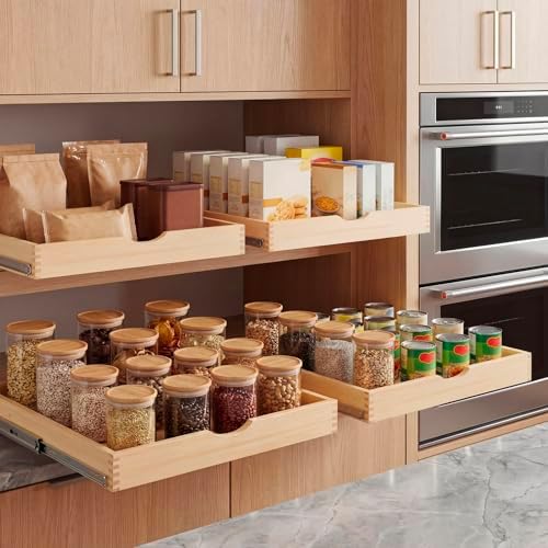 Menkxi 2 Set Wooden Pull out Cabinet Organizer Fully Assembled Slide out Pantry Drawer with Gentle Close Storage Shelf Tray for Base Kitchen Under Sink Bathroom Accessory(Wood Color,30'' X 21'' X 3") - Image 6