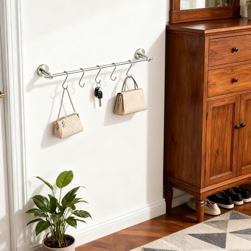 NEWRAIN Pot Rack Wall Mounted, 21 inch Hanging Pot and Pan Hanger, Stainless Steel Kitchen Rail Coffee Mug Rack with 10 S Hooks,Brushed Nickel - Image 7