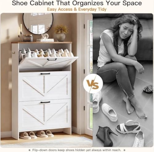 Nicetree Shoe Cabinet, 3 Flip Drawers & Adjustable Shelves, Ultra Slim Freestanding (9.1” Deep), Holds 30 Pairs, Narrow Shoe Storage Cabinet with Anti-Tip Safety, Modern Farmhouse White Walnut - Image 6