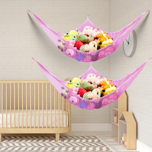 Stuffed Animal Hammock, Stuffed Animal Toy Net Hammock Wall Sling Corner Extra Large Mesh Plush Net Organizer (Pink 2 Pack, 70 inch) - Image 6