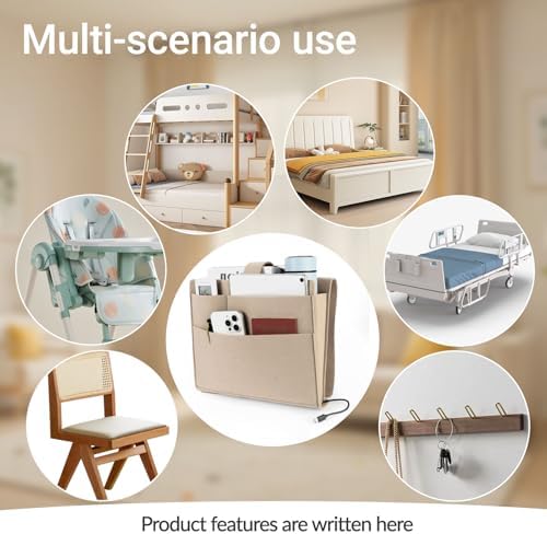 Seefoo Bedside Caddy, Large Bed Caddy Organizer with Cord Slit, Beige - Image 7
