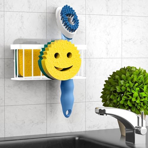 Sponge Holder Smiley Face, Sink Organizer with 2 Suction Cups/1 Adhesive Strips, Designed for Sponge, Soap, Dish Brush, Scrubber - White - Image 6
