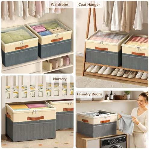 Shoe Organizer for Closet, 2 Pack Foldable Shoe Storage Organizer Box Bin with Adjustable Dividers and Clear Cover, Fits up to 16-32 Pairs(Grey&Beige) - Image 7