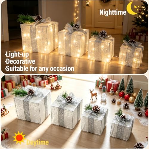 Hourleey Set of 4 Christmas Lighted Gift Boxes Warm White 70 LED Pre-lit - Image 6