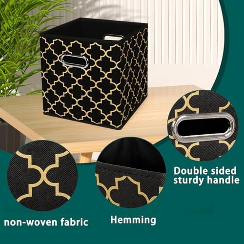 Black Foldable Storage Cubes Bins, Fabric Storage Box Cubes Organizer Baskets with Dual Handles for Home Organizer,Set of 3,(Black Gold) - Image 7