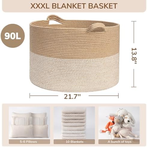 INDRESSME XXXLarge Woven Wicker Blanket Basket Living Room White Jute, 90L - Image 7