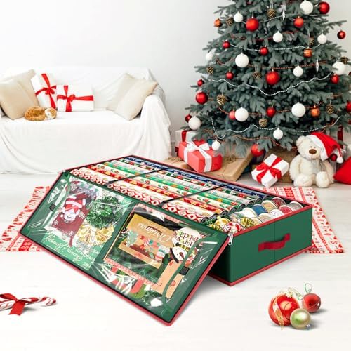 Fabspace Christmas Wrapping Paper Storage Containers, 40 Inch Gift Wrap Organizer, Visible Supplies Pockets for Xmas Accessories, Underbed Storage for Christmas Decorations, Green - Image 6
