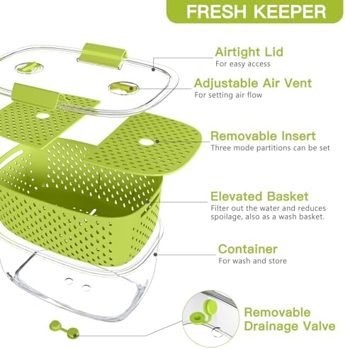 LUXEAR Fresh Produce Vegetable Fruit Storage Containers 3Piece Set, BPA-free Fridge Storage Container, Partitioned Salad Container, Fridge Organizers, Used in Storing Fruits Vegetables, Green - Image 6