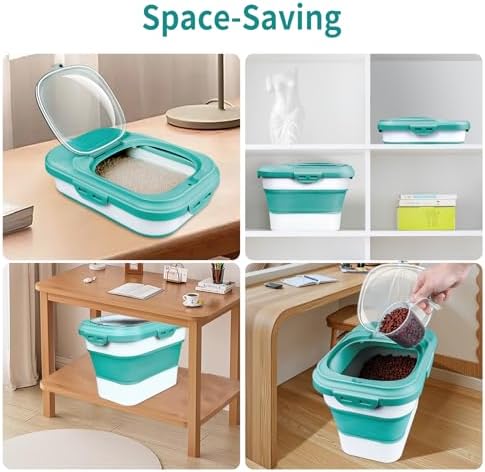Komzon Rice Storage Container, Collapsible Airtight Food Storage Containers 6-20 Lbs, Rice Dispenser with Measuring Cup and Small Bin for Flour Cereal Pasta Grain, Cat Pet Dog Bird Food Container - Image 6