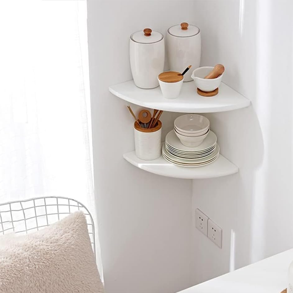 Corner Shelf, White Floating Corner Shelf, Set of 2 7inch Solid Oak Wood Corner Wall Shelves, Round End Wall Mount Display Shelf with Wire Hole for Small Plant for Bedroom Kitchen, Living Room - Image 6