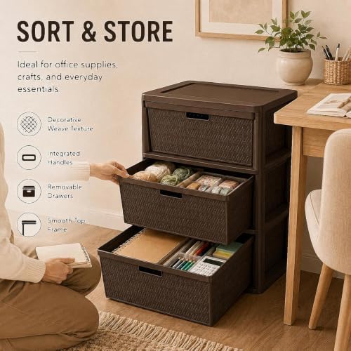 Wide 3-Drawer Plastic Storage Tower, Decorative Organizer Chest, Brown - Image 7