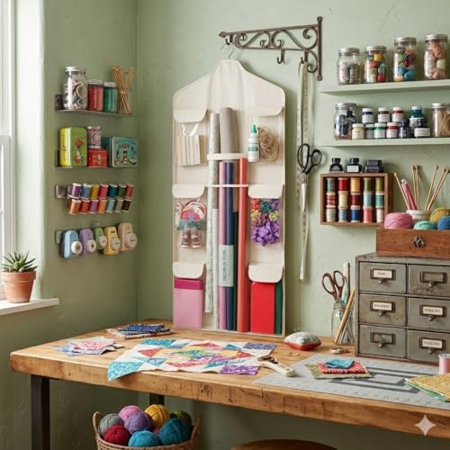 Wrapping Paper Organizer Storage – Double-Sided Hanging Gift Wrap Holder with Wooden Hanger – Over the Door or Closet Storage for Gift Bags with Pockets – For Christmas, Birthdays & Special Occasions. - Image 6
