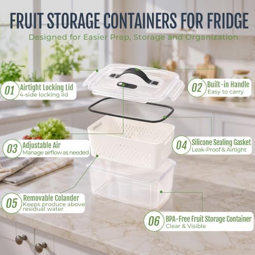 Fruit Storage Containers for Fridge: 3 PCS with Removable Colander, Handle - Image 6