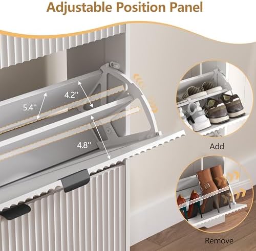 Shoe Cabinet Storage for Entryway with 4 Flip Drawers, White Fluted Shoe Cabinet with Adjustable Shelves, Wooden Hidden Shoes Rack Freestanding Narrow Slim Shoes Storage for Hallway, Entrance - Image 6