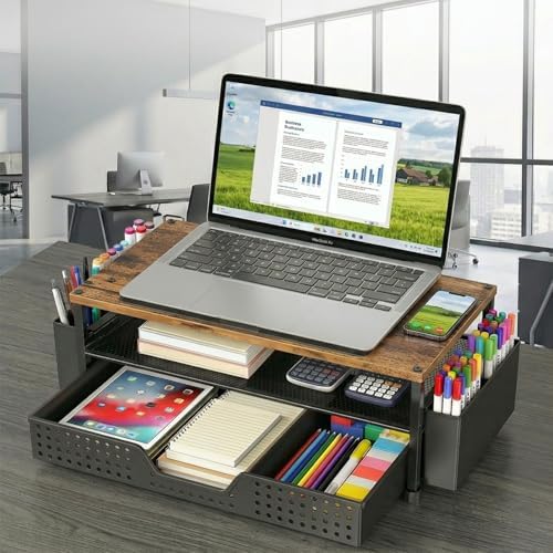 Desk Organizer and Accessories, 2-Tier Computer Monitor Stand Rise with Phone Holder, Drawer & 2 Pen Holders, Laptop & Printer Stand for Desktop, Workspace Organizers for Office Supplies (Brown Wood) - Image 6