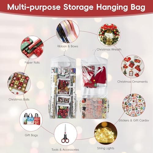 Wrapping Paper Organizer, Double-Sided Hanging, Over Door Gift Wrap Storage with Multiple Pockets, Side Pockets, Elastic Straps, Organize Ribbons, Bows, Tools, Space-Saving Closet,Cabinet Design,White - Image 6