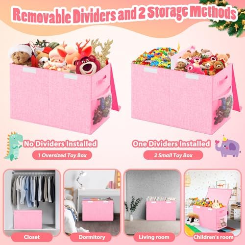 Large Toy Storage Box with Lid & Dividers, Collapsible Kids Toy Chest, Pink - Image 6