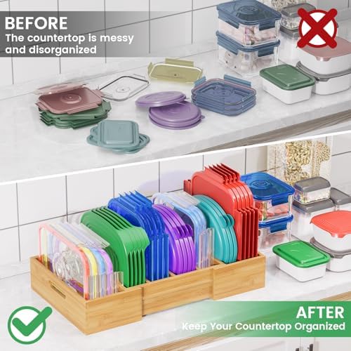 Kiasthome Expandable Bamboo Lid Organizers Inside Cabinet, Kitchen Cabinet Organizers with 3 Adjustable Dividers, Storage Plastic Lids, Food Container Lid Holder Organizer for Drawer Pantry, Nature - Image 6