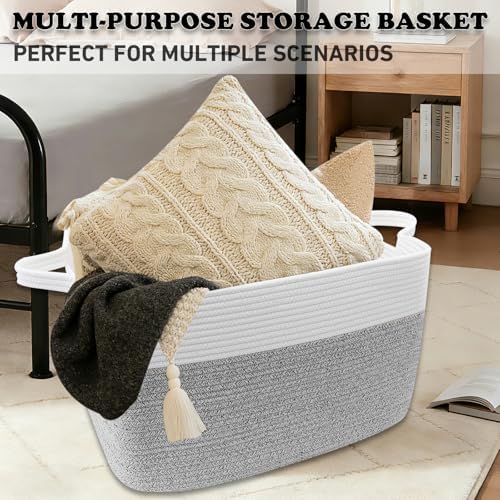 65L Laundry Basket with Handles, Woven Blanket Basket, White/Grey - Image 6