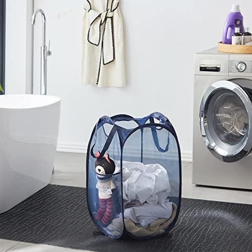 TECHMILLY Collapsible Mesh Pop Up Laundry Hamper with Sturdy Handles and Side Pocket - Portable Foldable Clothes Baskets for Dorm, Bathroom & Travel Storage (Blue, 3 Packs) - Image 6