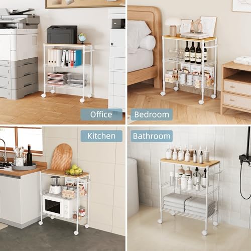 Whitmor 3 Tier Rolling Kitchen Cart,27.6"x10"x21.7”Heavy Duty Metal Storage Cart with Wheels, Adjustable Shelves, Lockable Utility Cart with Wood Top & Portable Handle for Indoor & Outdoor Use, White - Image 6