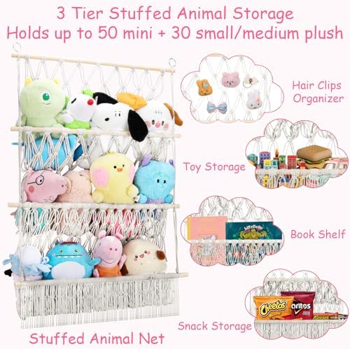 3 Tier Stuffed Animal Storage Shelf Net, 24x39'' Plushy Net, Beige - Image 6
