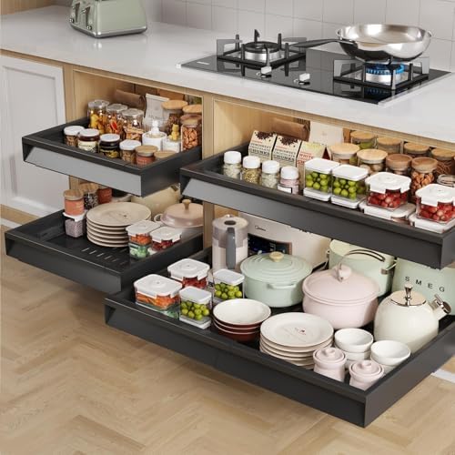 Seinloes Pull Out Cabinet Organizer, 4-Side Expandable to Fit Most Cabinets, 3 Rail Slide Out Drawers with Raising Pad for Framed & Frameless Cabinets, 15"-25" W x 17"-24" D, Black, 2 Pack - Image 7