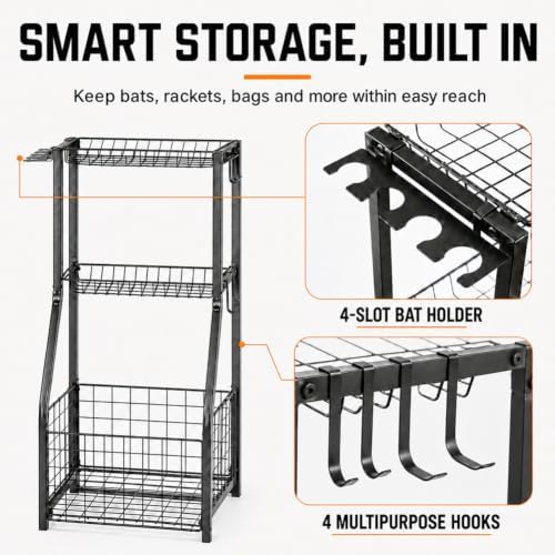 YueTong Garage Sports Organizer with Ball Rack, Bat Holder and 4 Hooks - Image 6