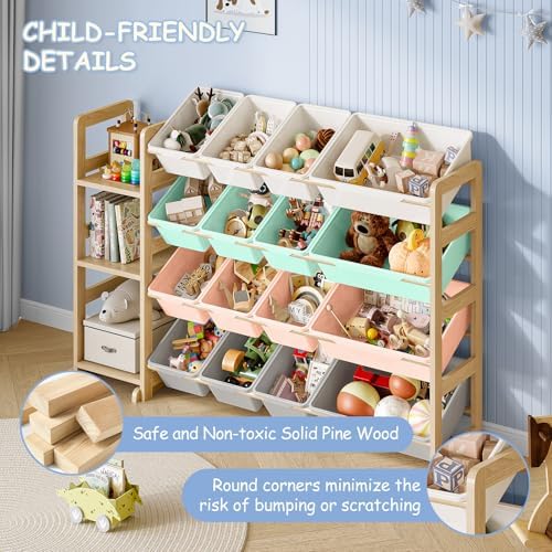 EXPERLAM Toy Storage Organizer, Toy Storage Shelf with 3 Shelves and 16 Storage Bins (12 Small + 4 Large), 3-in-1 Kids Bookshelf for Kids Rooms, Playroom, Nursery, Multi - Image 6