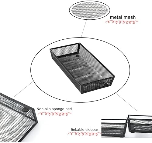 Mesh Tray Silverware Drawer Organizer, Utensil Cutlery Tray Office Supplies with Interlocking Arm Drawer Dividers Organizer for Flatware, Knives,Home,Office, School,Bedroom 12X6'' Black - Image 6