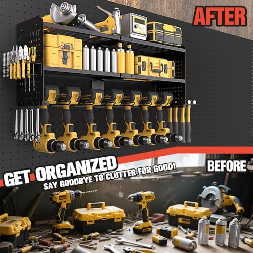 Veitorld Large Power Tool Organizer with Charging Station, 3 Layer Heavy Duty Modular Wall Mount Rack with 9 Drill Holders for Garage Workshop, Battery Utility Rack with 8-Outlet Power Strip - Image 6